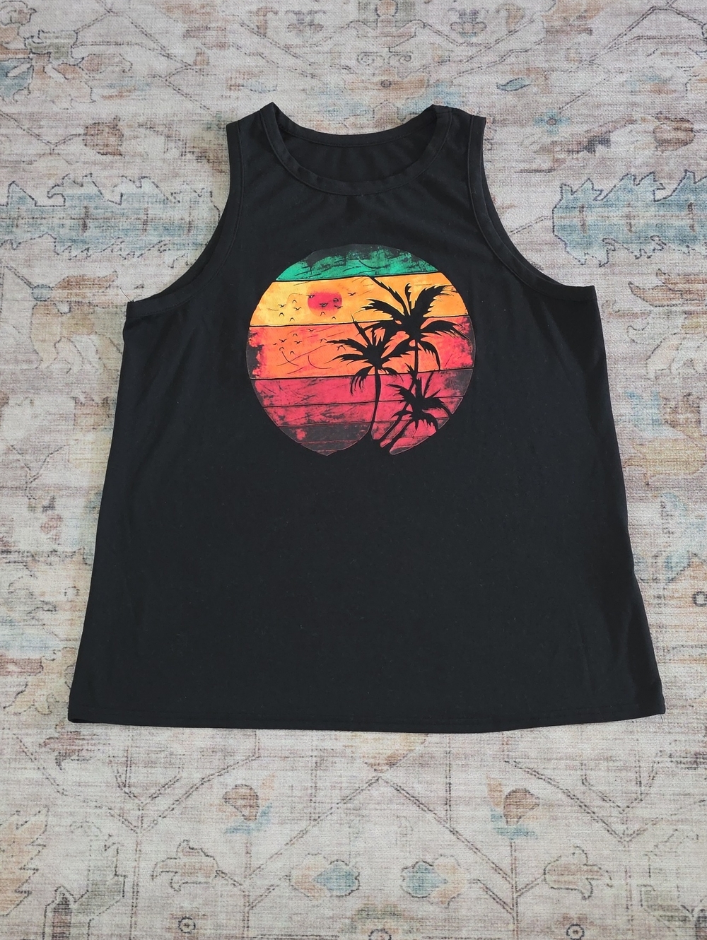 Graphic Palm Sunset Tank Top - Black